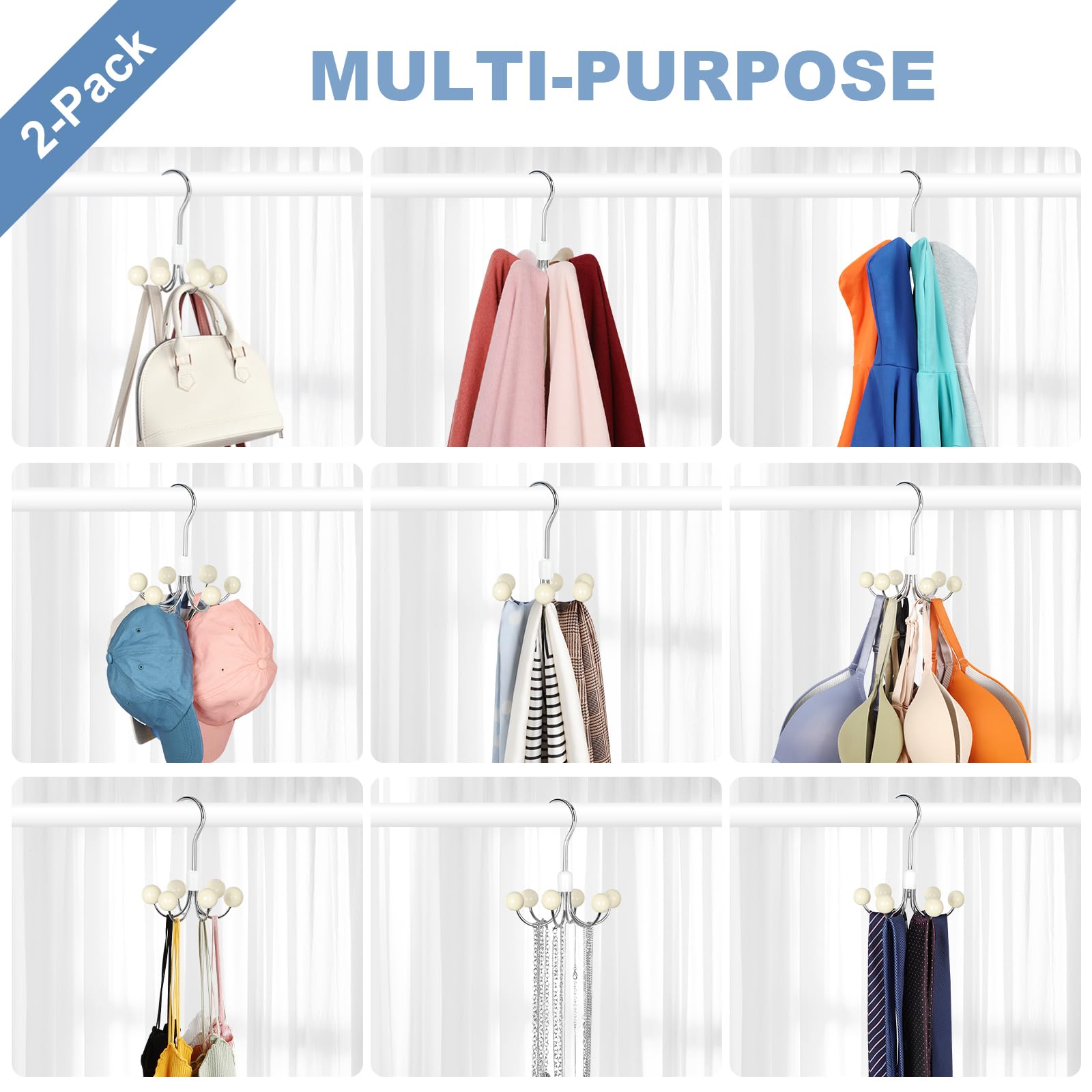 TOPIA HANGER CT43W - Paquete de 2 perchas con 6 bolas de madera, colgador giratorio de 360°, colgador de bufanda, ganchos de armario, organizador de bolso, colgador de brasier, organizadores de