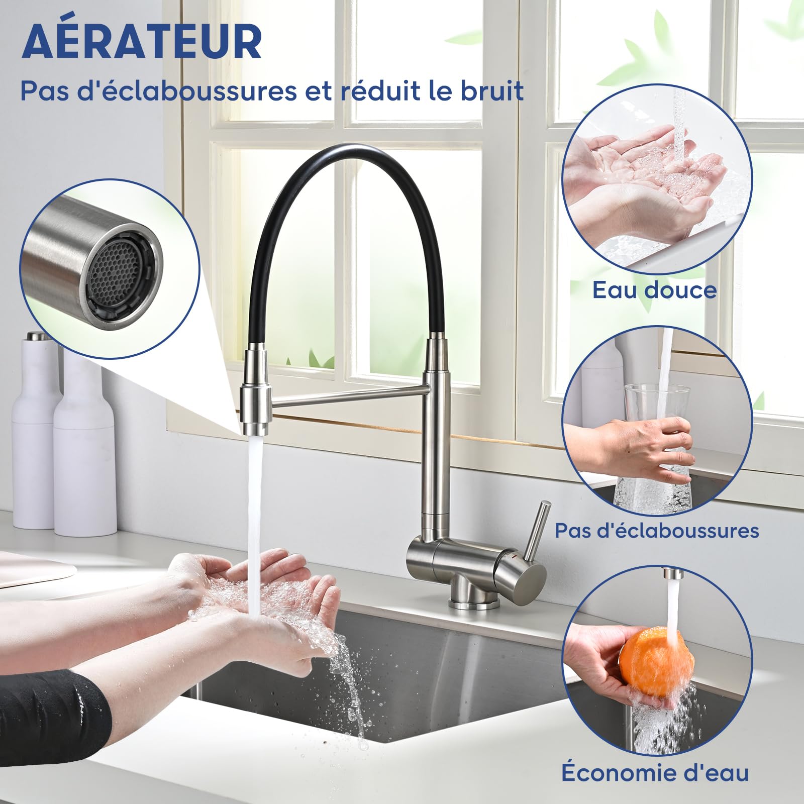 Robinet Cuisine Rabattable, Mitigeur Cuisine sous Fenêtre Pliable, Mitigeur Evier Cuisine Rotatif à 360°, Acier Inoxydable 304 Brossé (Argent)