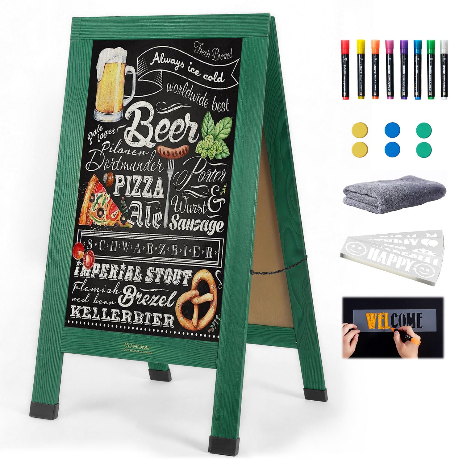 Wood Magnetic A-Frame Chalkboard Signs, 40" x 20" Large Sandwich Board Signs Outdoor, Double-Sided Sidewalk Blackboard for Business, Wedding, Vendor Display, Coffee Shope - Green