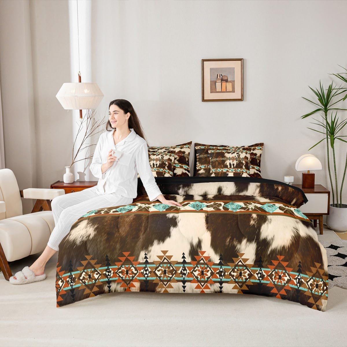 Cowhide Western 7 Piece Comforter Set Full Bed in a Bag | Brown Cow Print Bedding Sets Exotic Tribe Diamond Aztec Comforter and Sheet Set, Farm Animals Bull Cattle Skin Bed Sets,Cowboys Gifts for Men