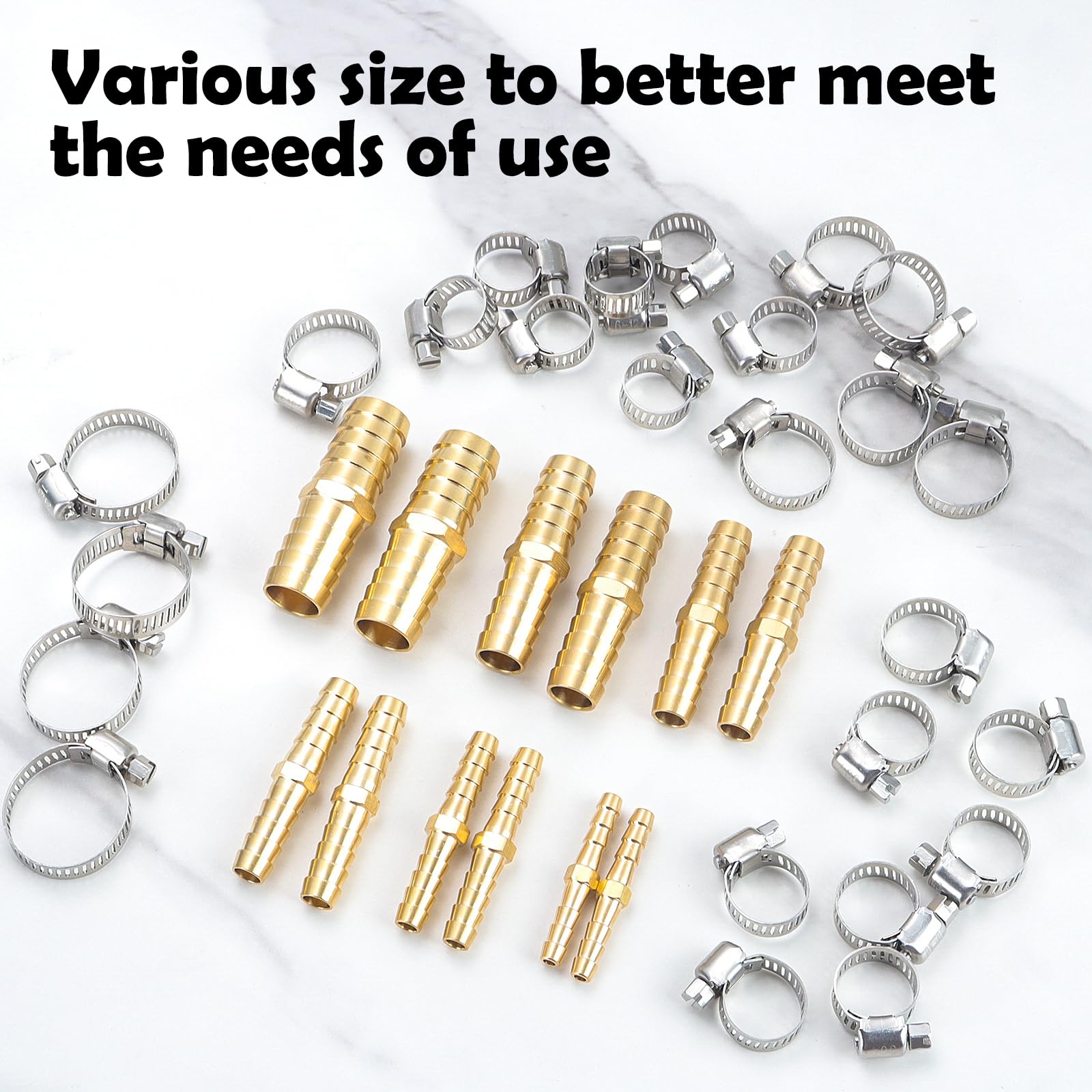 12 accesorios de púas de latón para manguera, conector de manguera de empalme de púas, kit de reparación de manguera, 3/16 1/4 5/16 3/8 1/2 5/8 pulgadas con 26 abrazaderas de manguera de acero