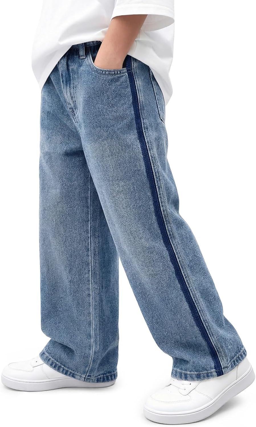 Haloumoning Boys Baggy Jeans Kids Elastic Waist Side Striped Wide Leg Denim Pants with Pockets 5-14 Years