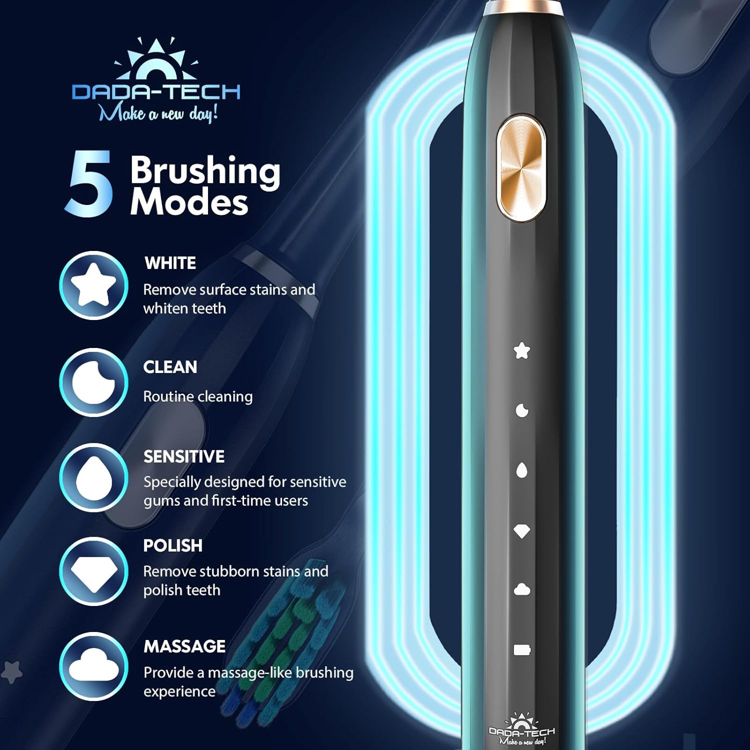 Diagram showing the five brushing modes: White, Clean, Sensitive, Polish, and Massage, with their respective icons.