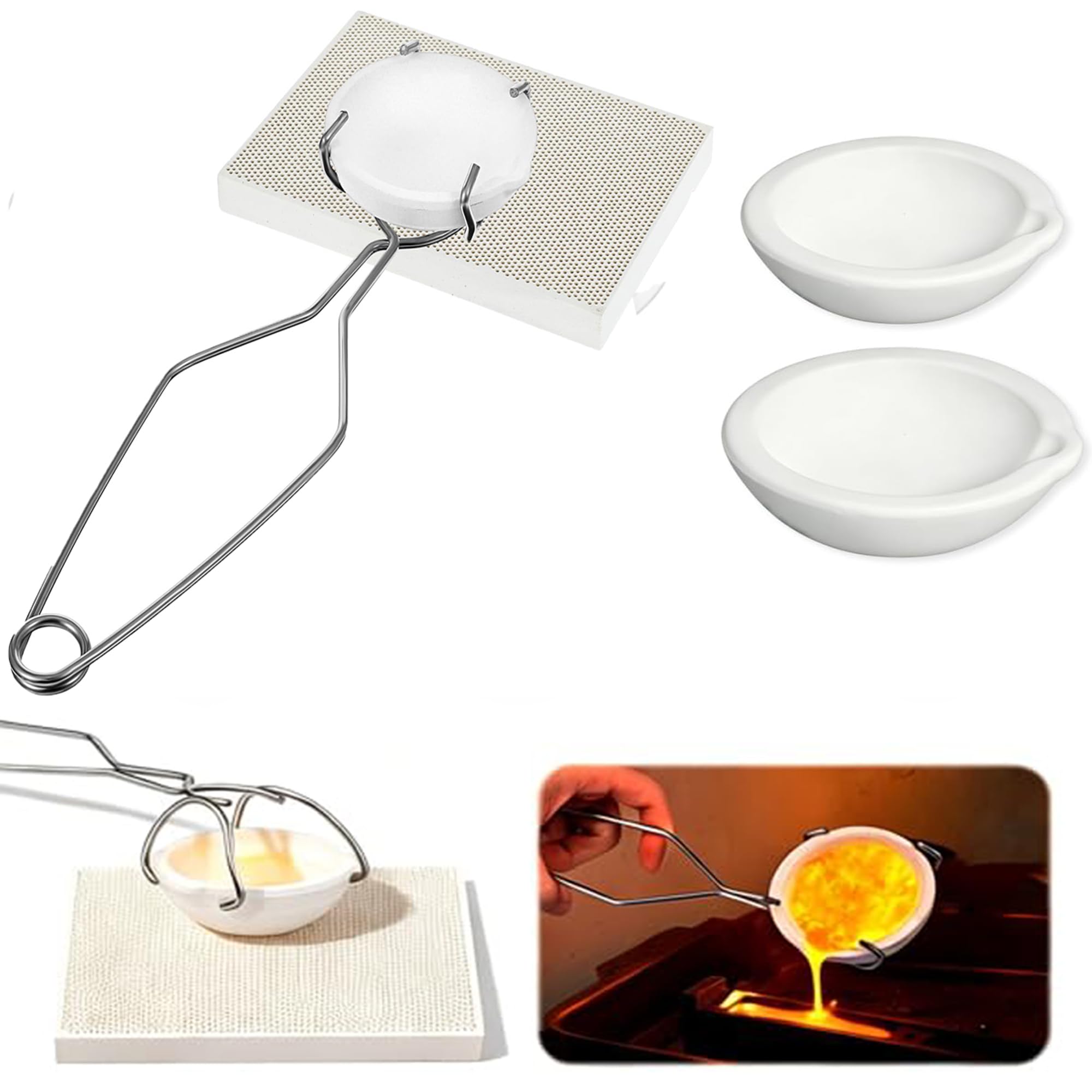 Crucible for Melting Metal Kit, 5PCS Quartz Ceramic Crucible Set (100g/250g/500g) with Tongs & Honeycomb Soldering Board, High Temperature Crucibles for Metal Melting, Jewellery Casting, Refining & DI