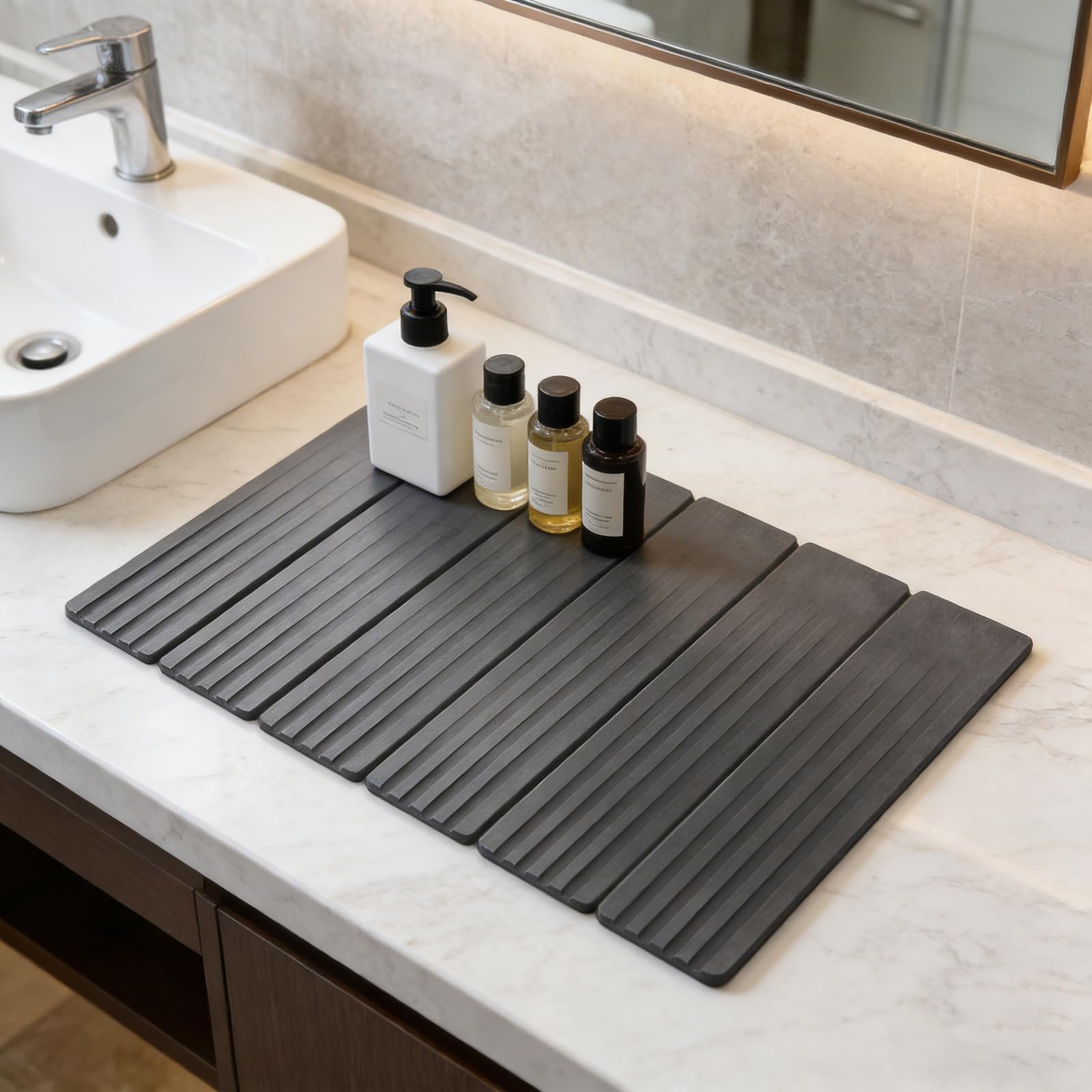 Abtropfmatte Spüle, 60×39cm Wasserabsorbierende Abtropfmatte Geschirr, Faltbare Schnelltrocknende Abtropfmatte Stein, Dish Drying Mat Geeignet FüR Badematte, Dish Drying Mat (Dunkelgrau)