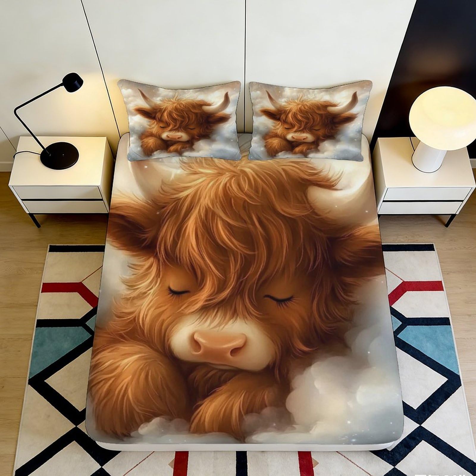 3D Printed Highland Cow Fitted Sheet Microfiber Soft Anti-Slip Cute Calf Mattress Cover for Bedroom Dorm Bed Decor 140x200x25cm