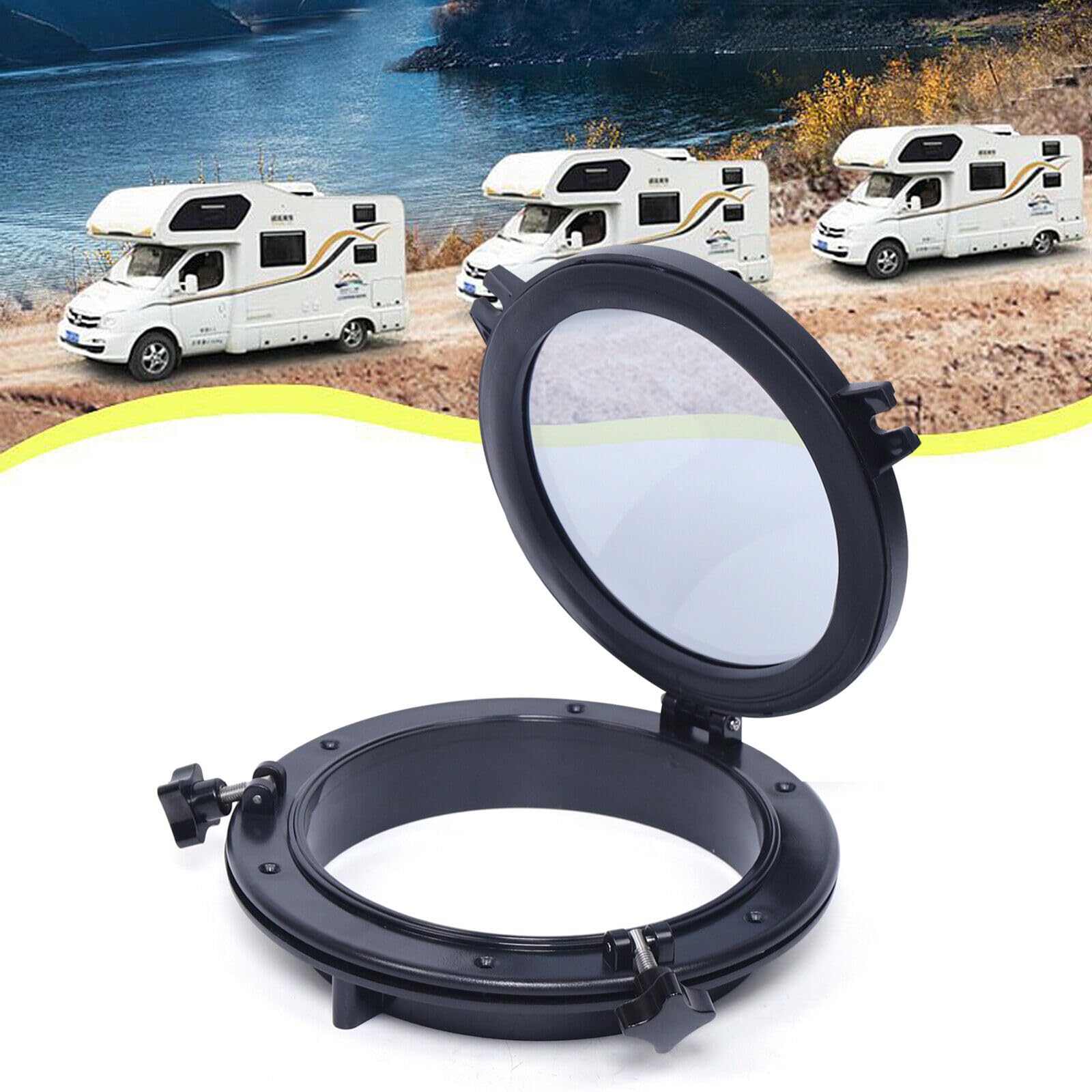 8'' Porthole Round Black Transparent Opening Campervan Window Tempered Glass Porthole Window for Vans Boat Yacht RV, Outer Diameter 21cm