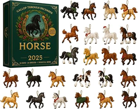 Horse Advent Calendar 2025, Christmas Countdown Calendar with 24 2D Horse Figurines, Christmas Tree Decorations, Holiday Gift Calendar for Horse Lovers