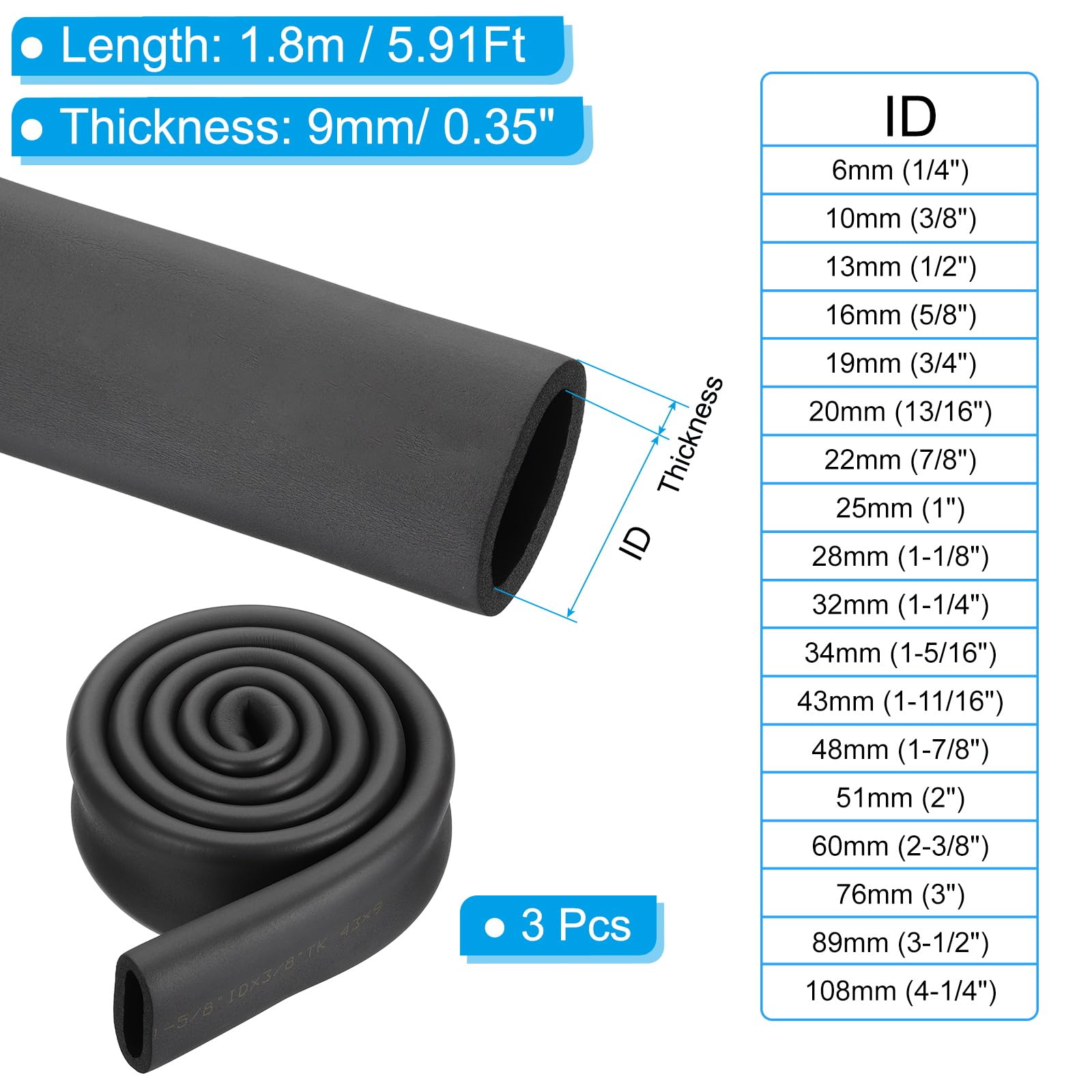 PATIKIL Aislamiento de Tuberías, 3Pcs Espuma Tubo Térmico Aislante, 1.8m Barra Enrollable para Cubierta de Tuberías Suaves para Conductos de Aire Acondicionado HVAC, 43mmx61mmx9mm Negro