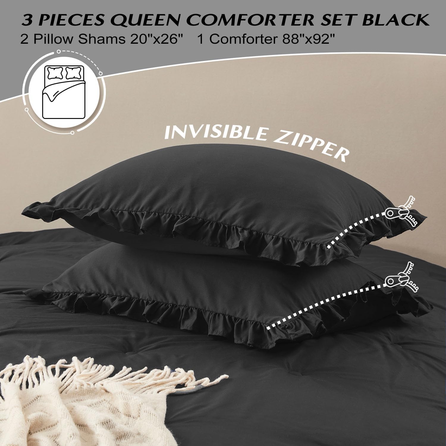 HARBOREST Lightweight 2 Pieces Black Ruffle Bed Set Vintage Farmhouse Soft Comforter Set Twin with 1 Pillow Shams(Twin/Twin XL, 66x92 inches, Black): Black Queen