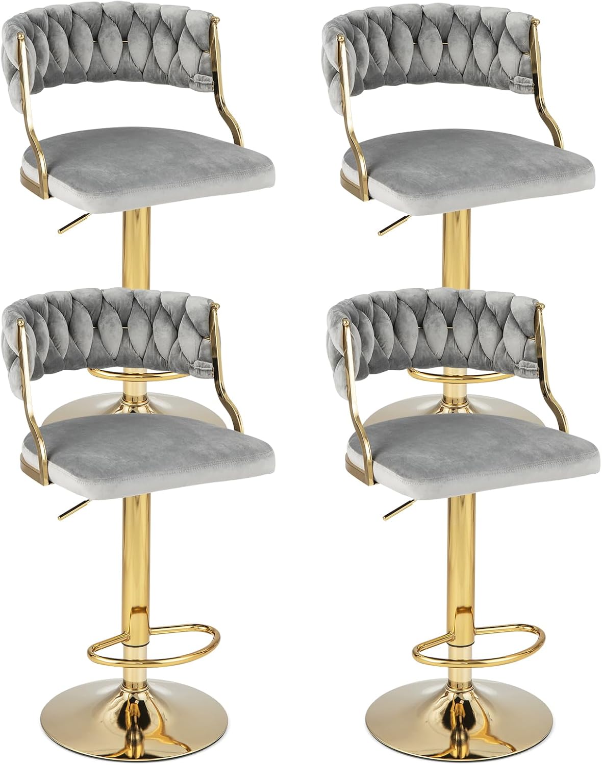 Giantex Swivel Adjustable Height Bar Stools Set of 4 Grey, Open-Back Velvet Barstools with Elegant Woven Back, Max Load 400 Lbs, 360° Swivel Bar Dining Chairs for Kitchen Island Pub