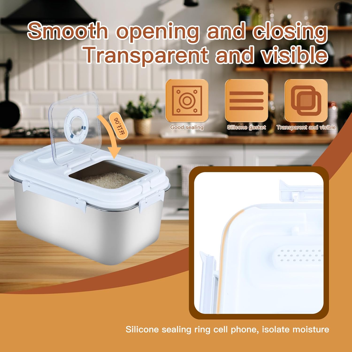 AnRui Flour Storage Container, Airtight Rice Cereal Dispenser Organizer Bucket with Stainless Steel Inner Liner, Large Grain Storage Bucket with Lid, Sugar Storage Pantry for Kitchen, Silver (9.08Qt)