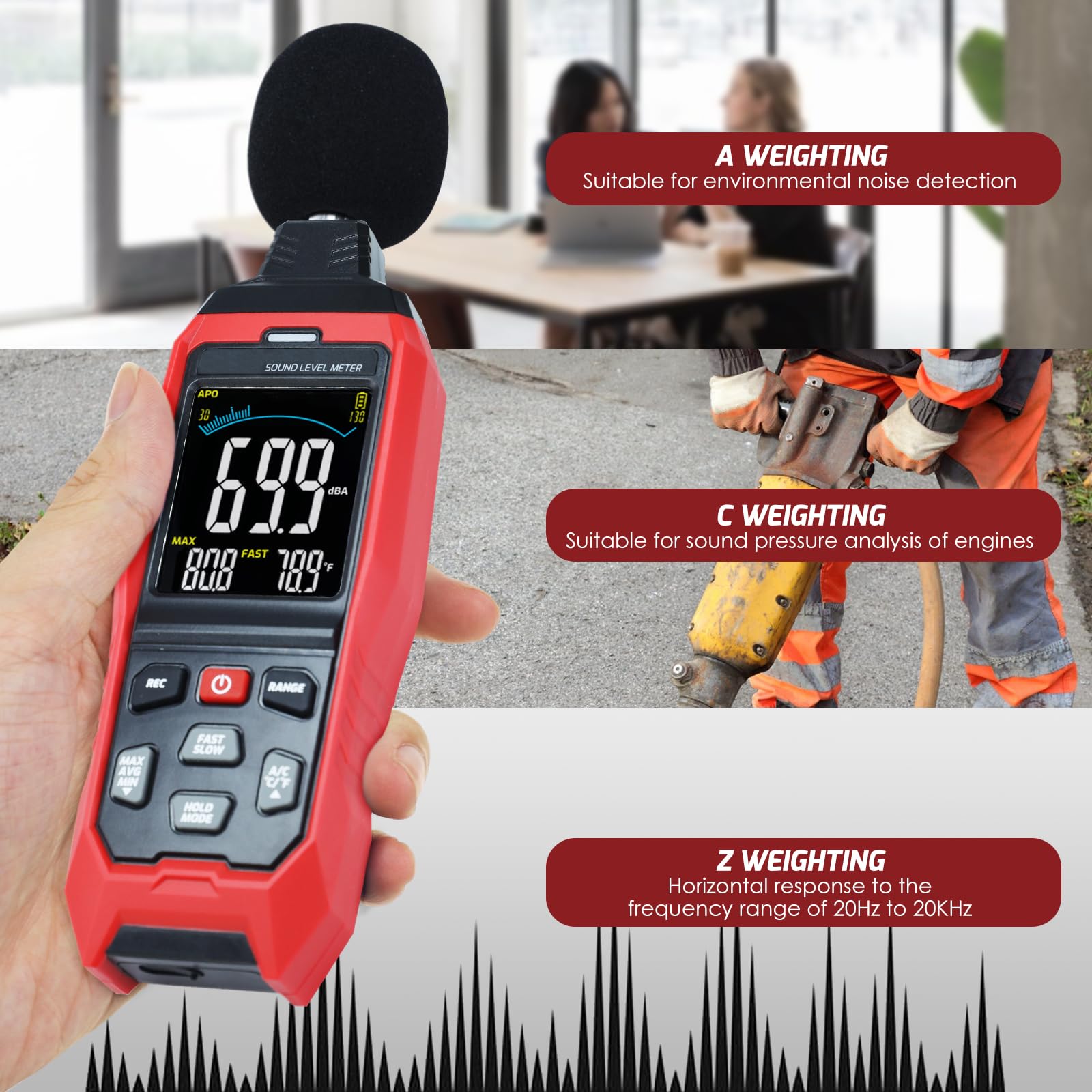 Sonomètre DANOPLUS avec fonction d'enregistrement, décibelmètre portable, plage de mesure 30~130dB, pesage A/C/Z pour test de bruit avec alarme visuelle et sonore, indicateur de barre analogique de