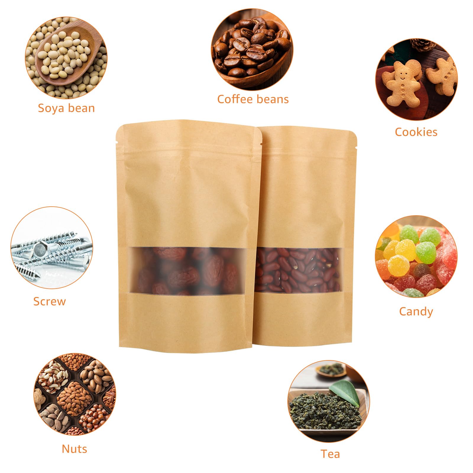 Lot de 200 sacs en papier kraft avec fenêtre - 14 x 20 x 4 cm - Sacs refermables - Étanche - Fermeture éclair - Convient pour fruits secs, graines de thé, noix, grains de café - Marron