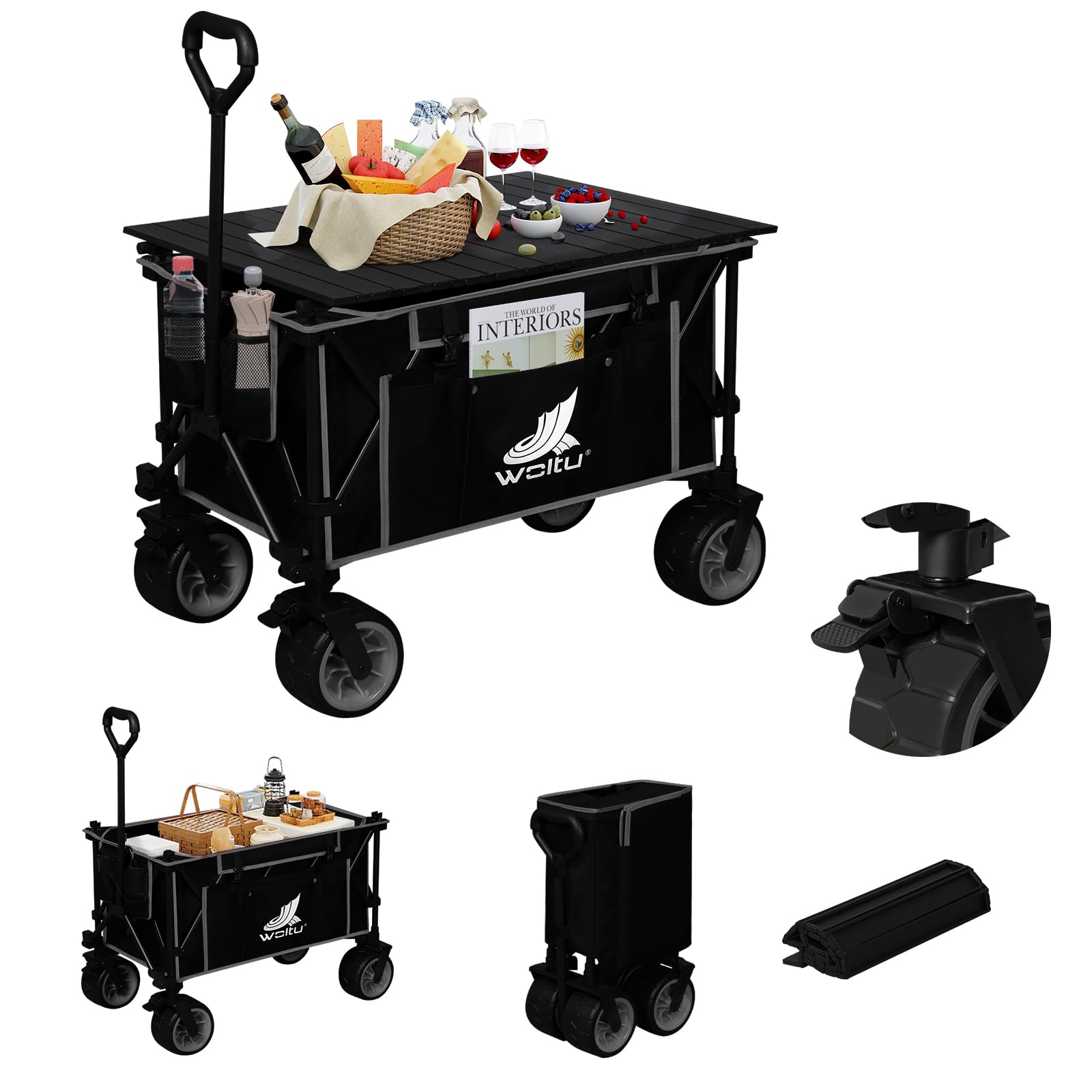 WOLTU Carro Plegable Playa, Carrito de Camping con Ruedas, Carretilla con Tapa Amplia y Bolsillo Lateral, Carro Portatil de Playa, Campaña y Compra, Carreta Capacidad de 120kg, Negro+Gris