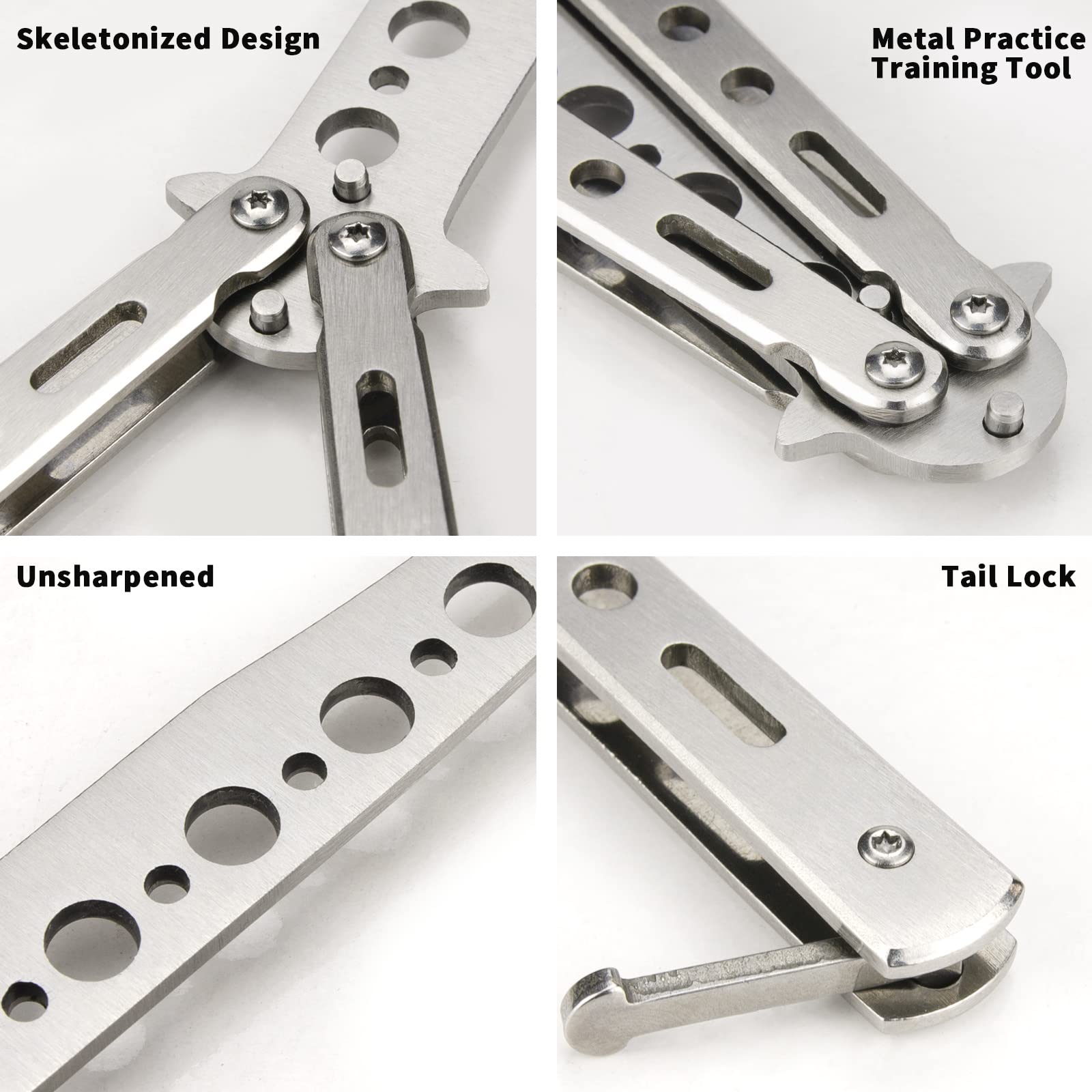 Couteau Papillon Entraînement – Crâne Acier Inox 404 – Lame Non Aiguisée 100% Safe