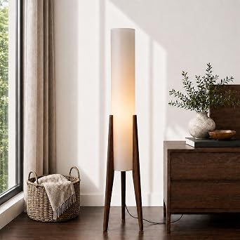 Wabi-sabi 50" Wooden Tripod Floor Lamp Linen Floor Lamp Paper Lantern Inspired Fabric Standing Lamp With E27 3-Color Temperatures Solid Wood Tall Light For Living Room Bedroom Includes Bulb [Energy Class A+++]