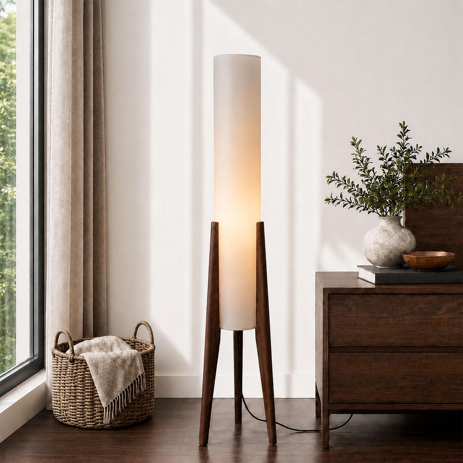 KlkrzJwy Wabi-sabi 50" Wooden Tripod Floor Lamp Linen Floor Lamp Paper Lantern Inspired Fabric Standing Lamp With E27 3-Color Temperatures Solid Wood Tall Light For Living Room Bedroom (Includes Bulb)