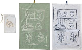 Creative Co-Op Cottage Kitchen Cotton Slub Kitchen and Tea Towels, Cream and Sage, Set of 2