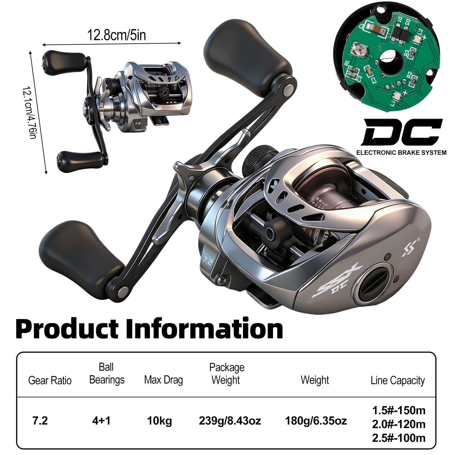Sougayilang SSX-DC - Mulinello da baitcasting, sistema frenante digitale con controllo microcomputer, corpo in alluminio compatto, rapporto di trasmissione 7,2:1, resistenza massima 10 kg, per pesca