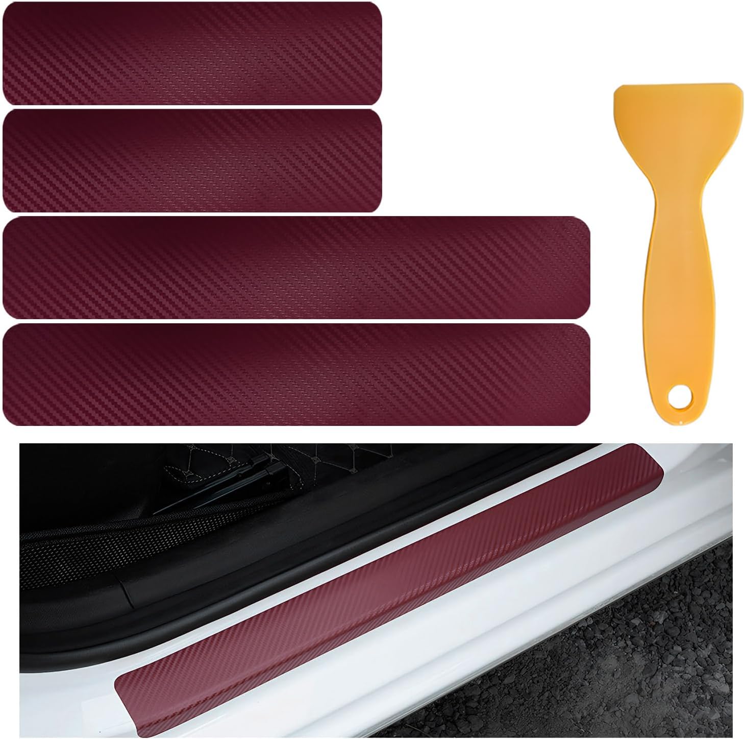 4PCS Car Door Sill Scuff Plate Protectors, 3D Carbon Fiber Auto Front Rear Door Entry Guard Strips, Anti-Scratch Threshold Cover Welcome Pedal Protector for Most Car Doors (Wine Red)