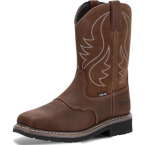 Showave Steel Toe Cowboy Boots for Men Western Square Toe Work Boot Full-grain Leather Safety Boots with Hazard Protection for Construction Manufacture Farming