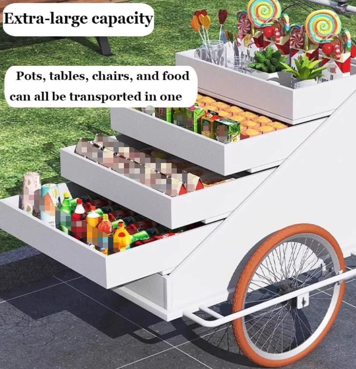 Carrello dell'alimento, chiosco mobile di vendita dello spuntino del triciclo con lo scaffale di esposizione di 4 strati per il mercato e gli eventi degli agricoltori
