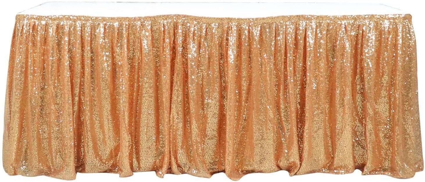 Tableclothsfactory 17ft Sparkly Gold Sequin Pleated Satin Table Skirt with Top Strip