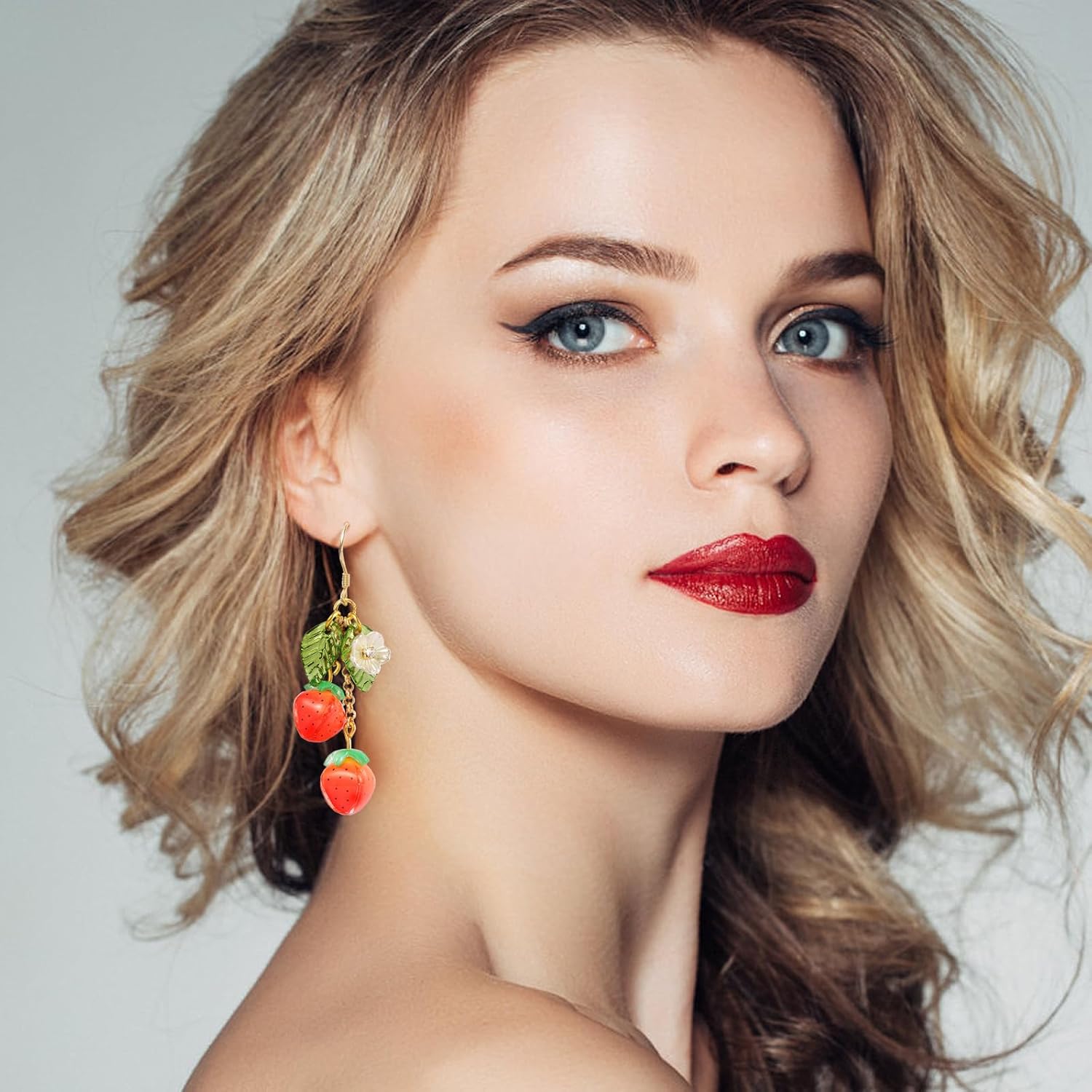Handmade Strawberry Dangle Earrings, 925 Sterling Silver Resin Fruit Earrings, Gold-Plated Hypoallergenic Drop Earrings for Women Girls, Spring Summer Jewelry Gift