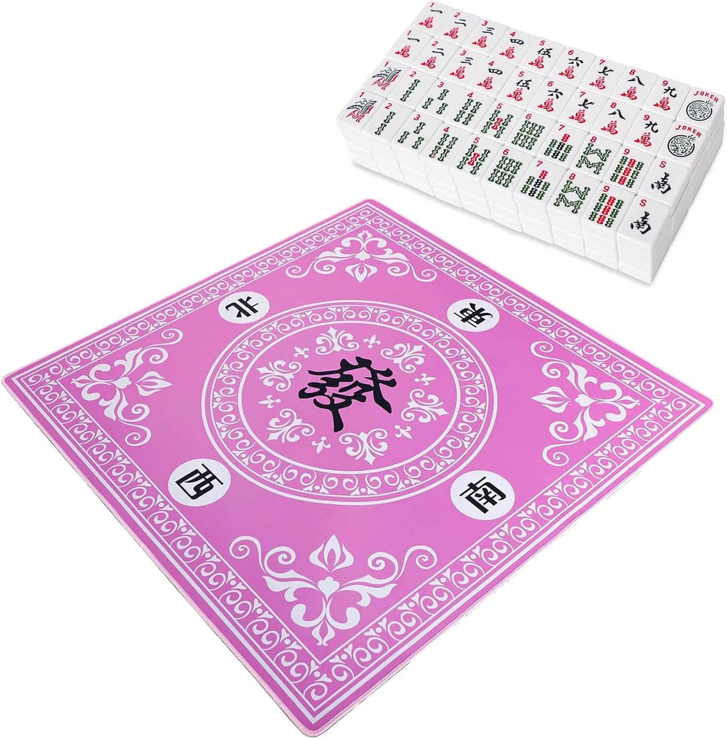 Set of American Mahjong Tiles,166 American Mah Jongg Tiles with White Color(1.2”,Tiles Only Set),with Mahjong Mat,Mahjongg Table Mat with 3 Dice,Anti Slip and Noise Reduction Table Cover(Pink,31.5 in)