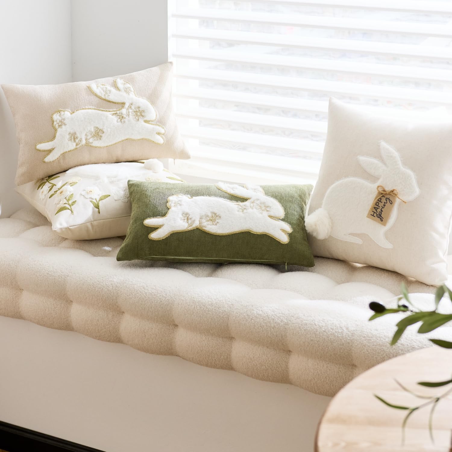Pack of 2 Easter Throw Pillow Covers 18x18 Inch Embroidered Bunny Spring Decor Soft Living Room Easter Decorative Pillow Cases (Happy Spring, 18" x 18" (Pack of 2))