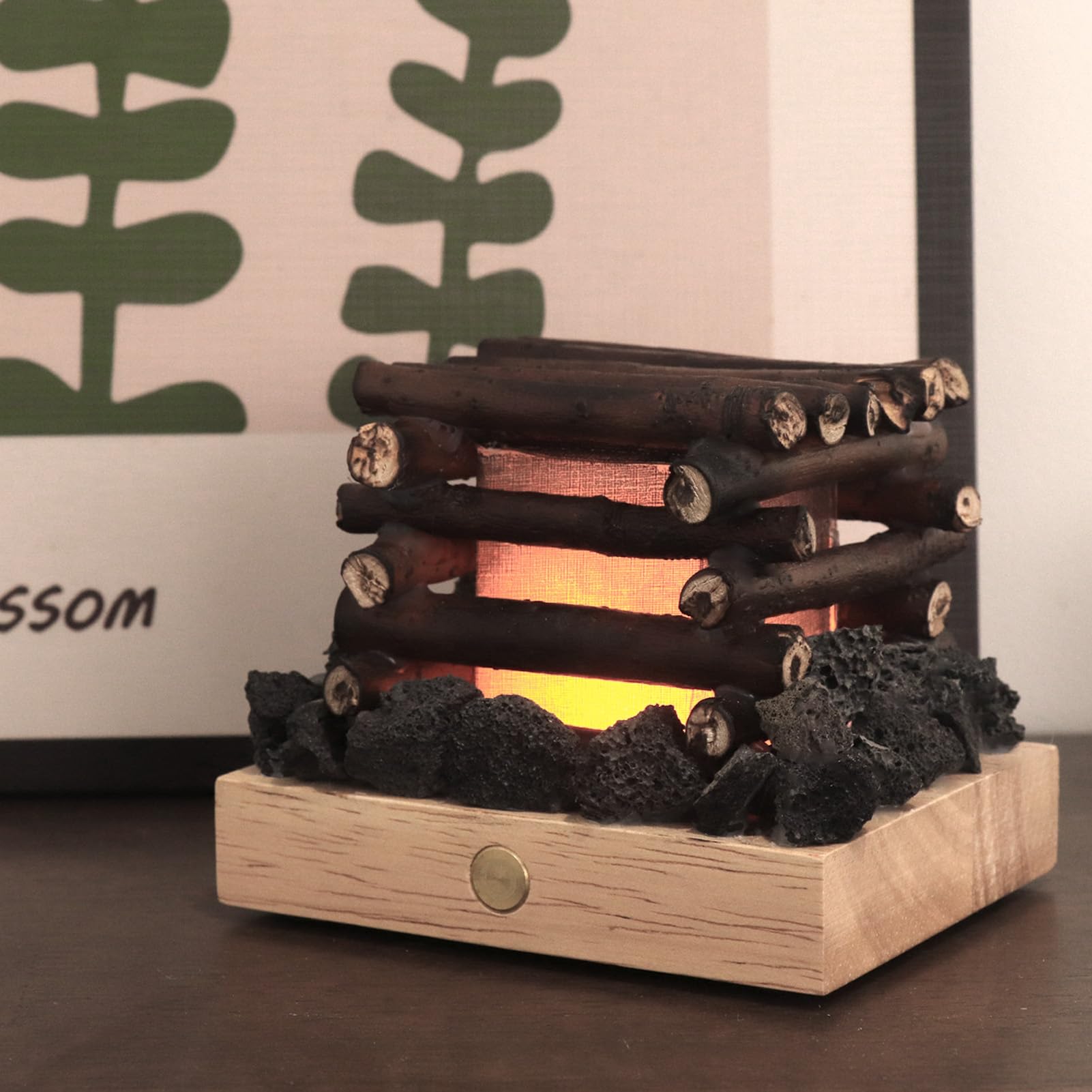 WOHPNLE LED Faux Campfire Night Light, Flickering Fake Fire Pit Lamp with Built in Sound Effects 3 Modes Steady Flicker for Cozy Home Decor and Sleep Aid