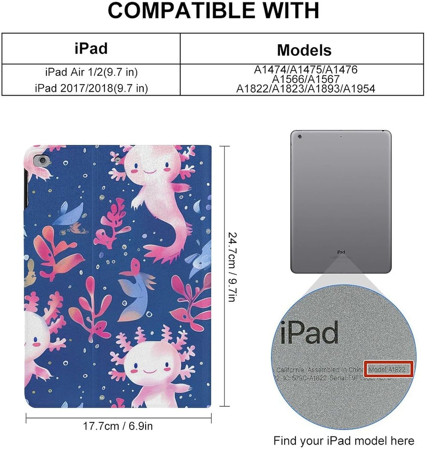 Axolotl Pattern Printed Case Trifold Stand Protective Cover Compatible with ipad 2017/2018/Air1/Air2 (9.7in)