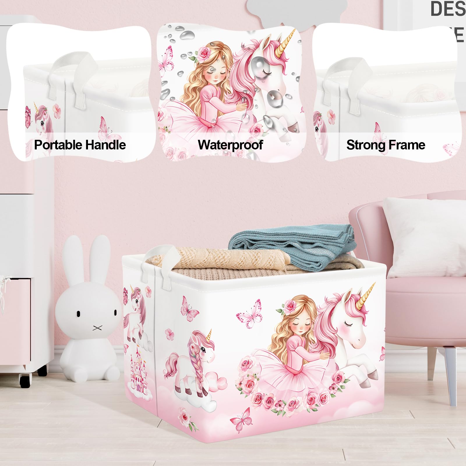 Clastyle Pink Unicorn Baby Laundry Hamper Collapsible Clothes Kids Storage Basket Waterproof Girls Toy Box for Nursery Room Rose - Image 4