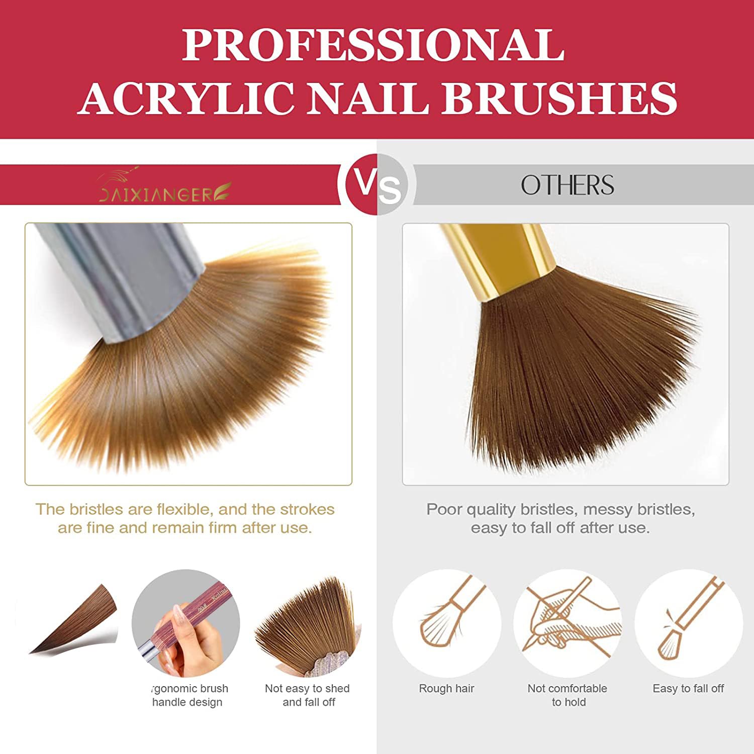 Kolinsky - Pennello per nail art in acrilico, misura 20, forma ovale, per applicazione acrilica, strumento professionale per manicure per extension e intaglio 3D, manico in legno rosso