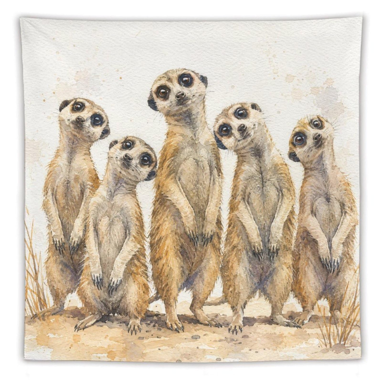 H3B8U2Y5 Meerkat Family Portrait Wall Tapestry, Watercolor Style, Entryway