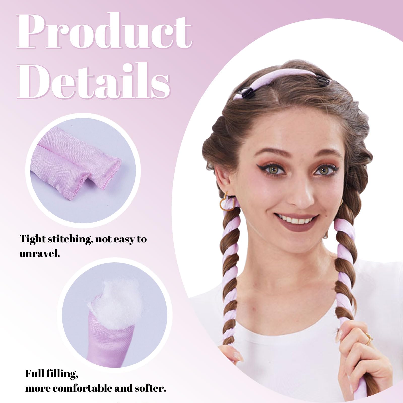 LunarCharm Heatless Curling Headband, Curlers without Heat with Small Hairpin, Overnight No Heat Curls with Thin Sleep Curlers, Pink - Image 3
