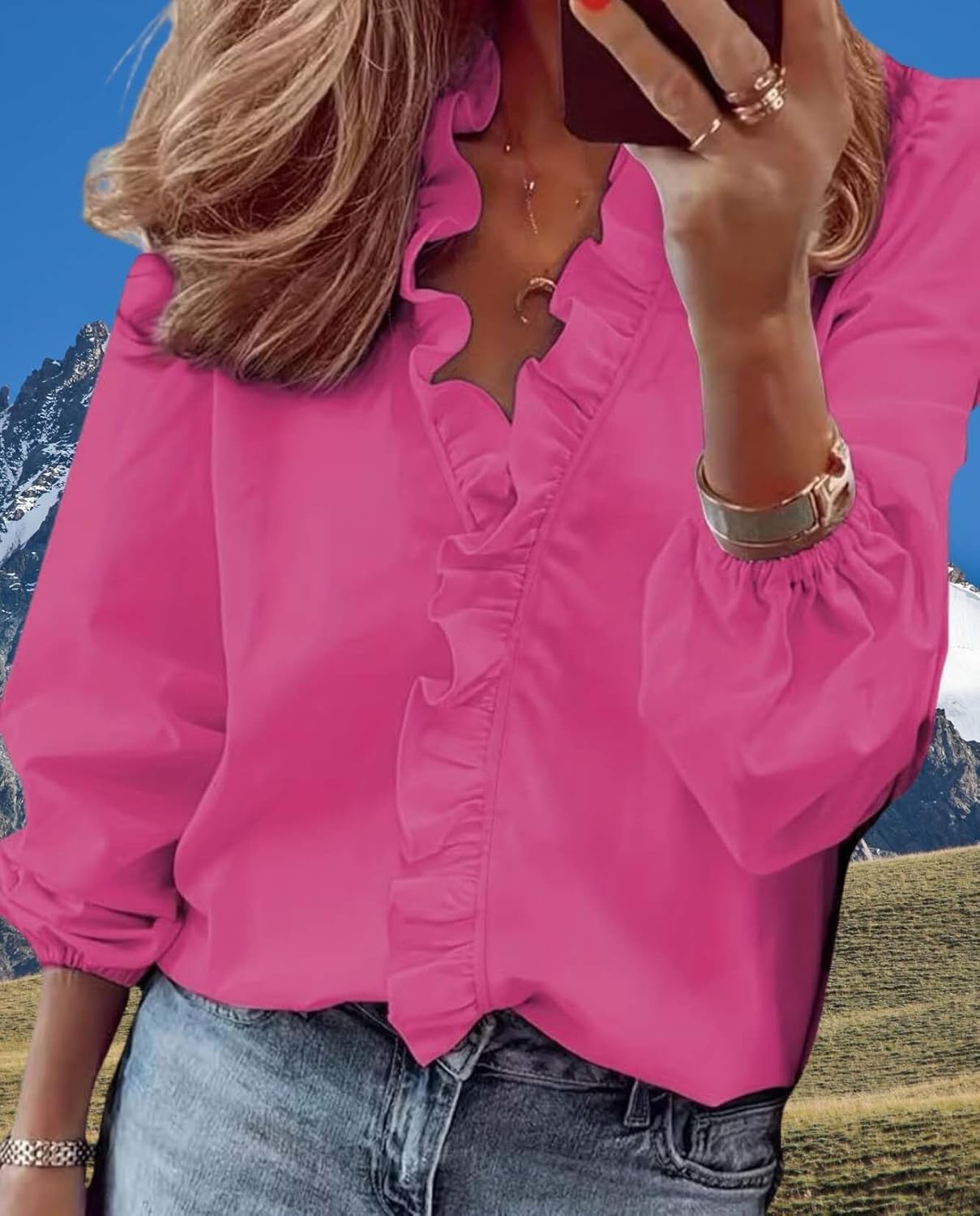 Ruffled Blouse for Womens V Neck Flowy Casual Loose Fit Tank Top Pleated Peplum Front Solid Trendy Cute Shirts image 5