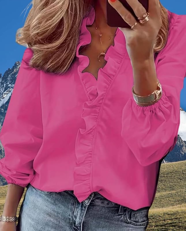 Grafumo Ruffled Blouse for Womens V Neck Flowy Casual Loose Fit Tank Top Pleated Peplum Front Solid Trendy Cute Shirts S-5XL image 5