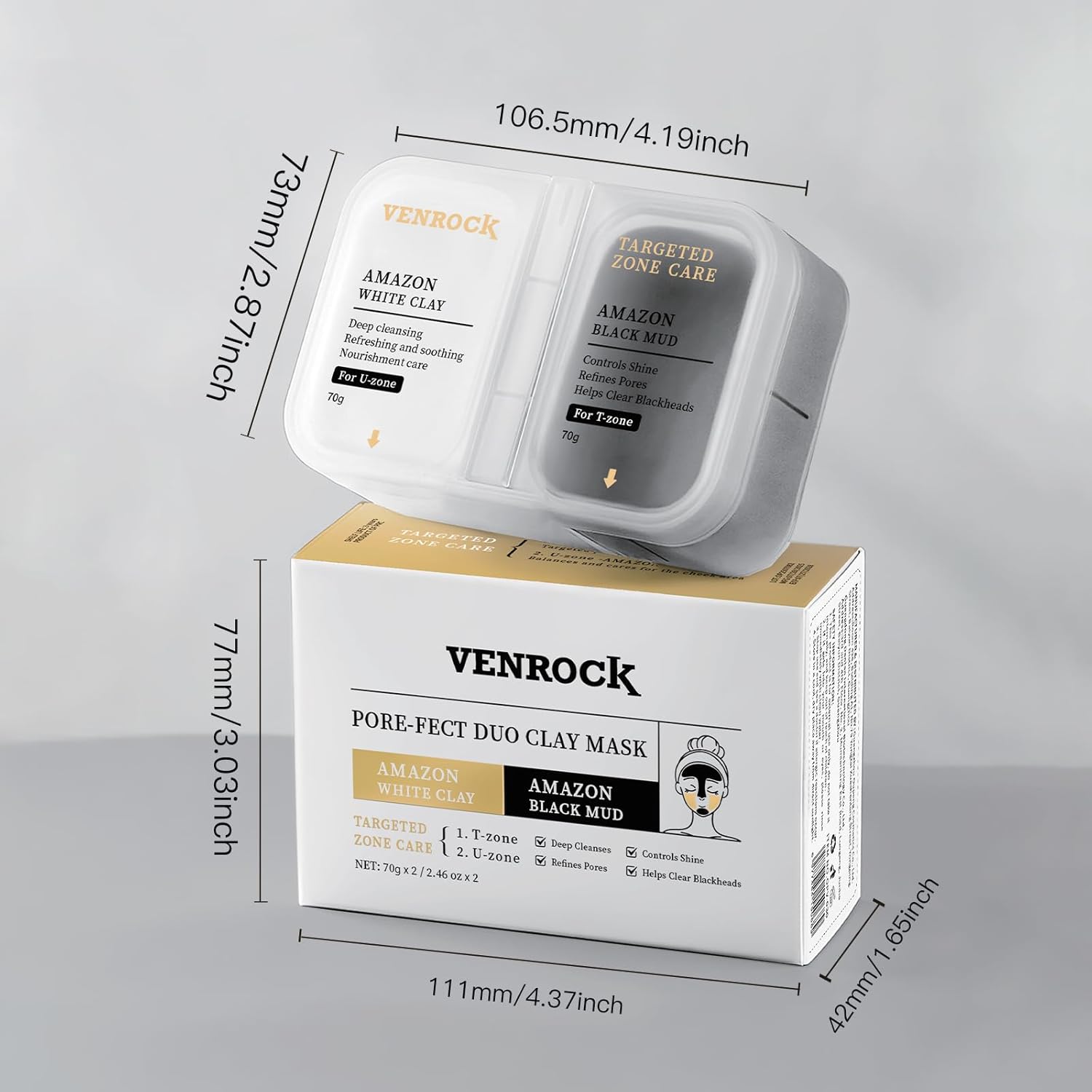 Venrock Pore-Fect Duo Clay Mask Set for Clear Pores, Blackheads and Excess Oil and Deep Hydrating with Amazon White + Black Mud | Targeted T-Zone & U-Zone Care Facial Mask for Stoc...
