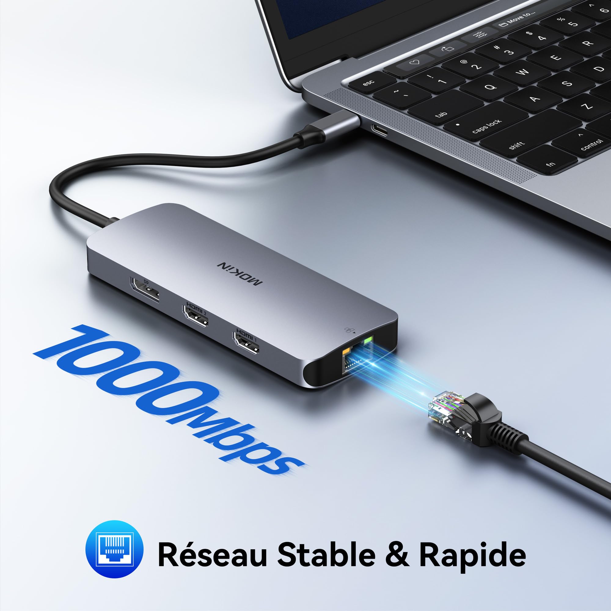 Station d'accueil USB C Dual HDMI, MOKiN 8 en 1 Docking Station pour 3 Moniteurs 4K, Dock USB C avec 2 HDMI et 1 DisplayPort, 1 Gbps Ethernet, Chargement 100W PD, 3 USB 3.0 Ports pour Dell, HP, Lenovo