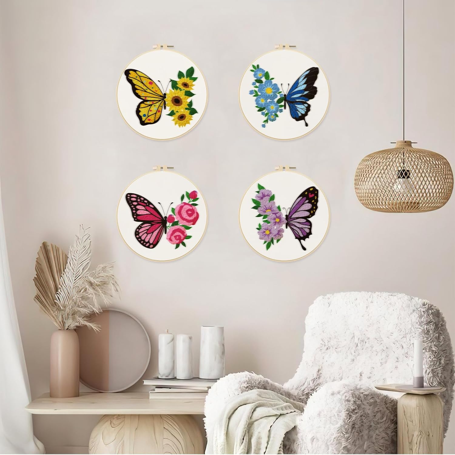ORIGACH 4 Pack Flowers and Butterfly Embroidery Kits for Beginners, DIY Starter Hand Embroidery Kit with Floral and Butterfly Patterns and Instructions for Adults Women Crafting