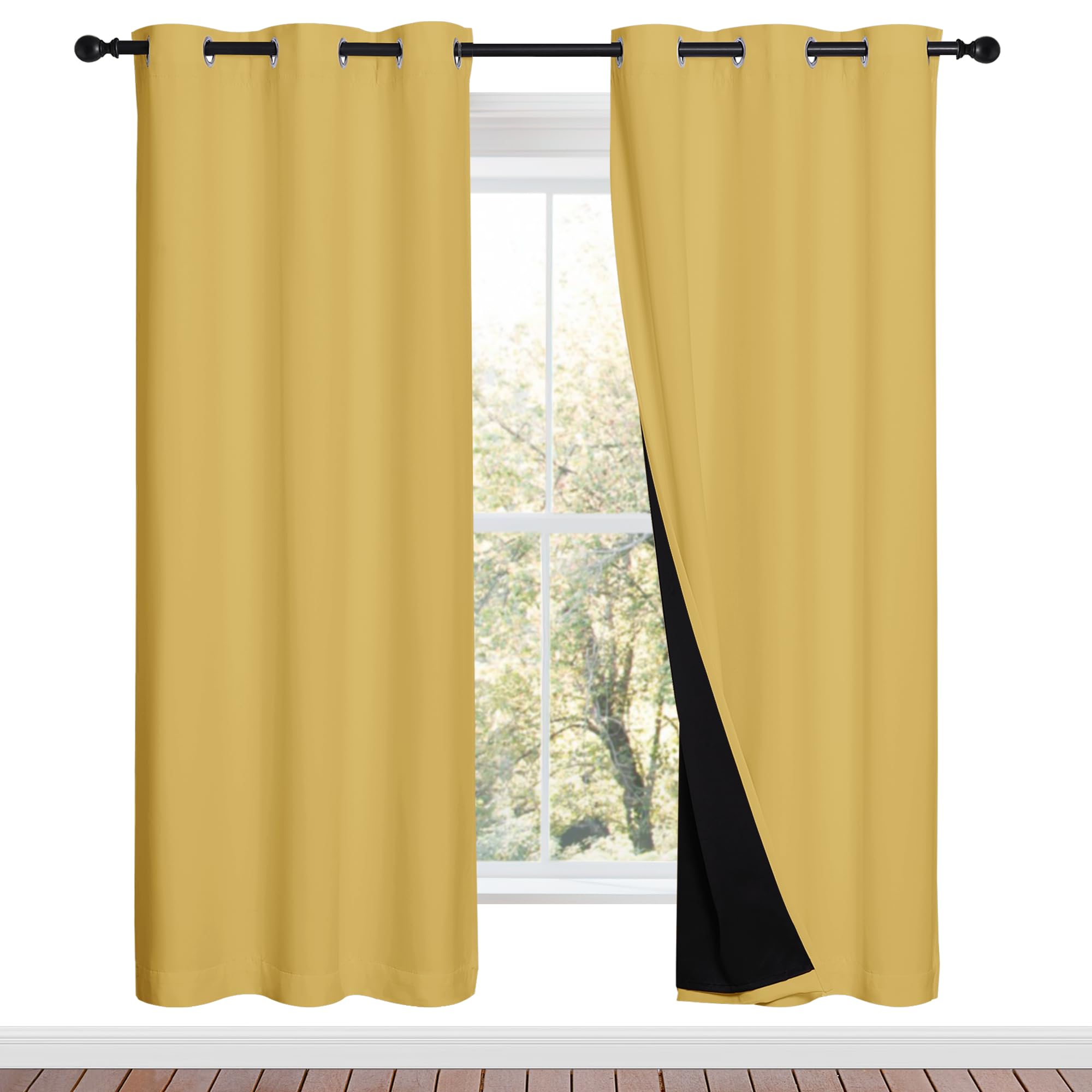 NICETOWN Bright Yellow Full Shade Curtain Panels, Pair of Energy Smart &amp; Noise Blocking Out Blackout Drapes for Dining Room Window, Thermal Insulated Guest Room Lined Window Dressing(42 x 72 inch)