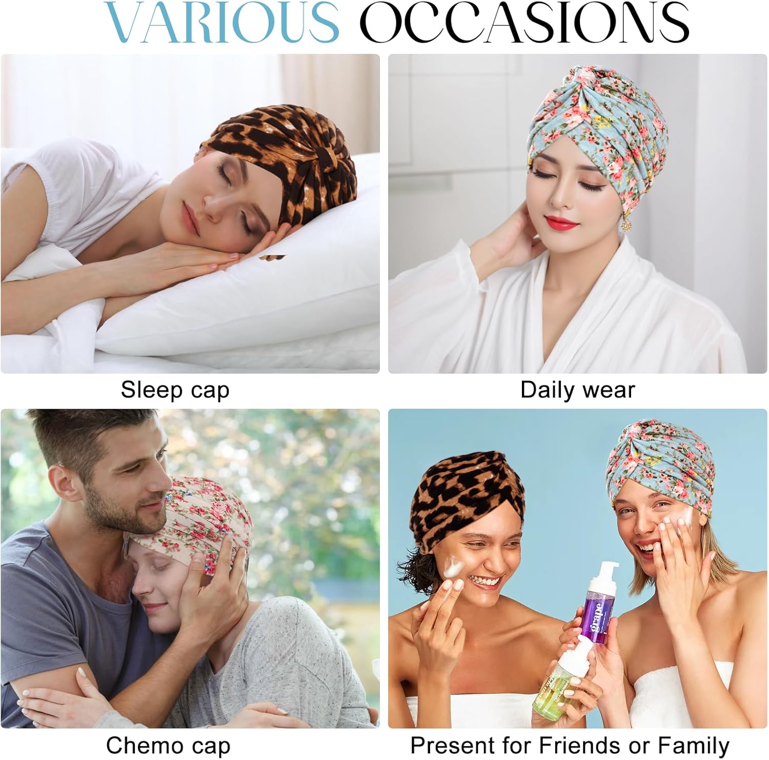 XEPST 3 PCS Chemo Headwear for Women, Pleated Cancer Headscarf Floral Print Turban Beanie Hat Elastic Head Coverings Wraps for Hair Loss Sleep Cap - Image 7
