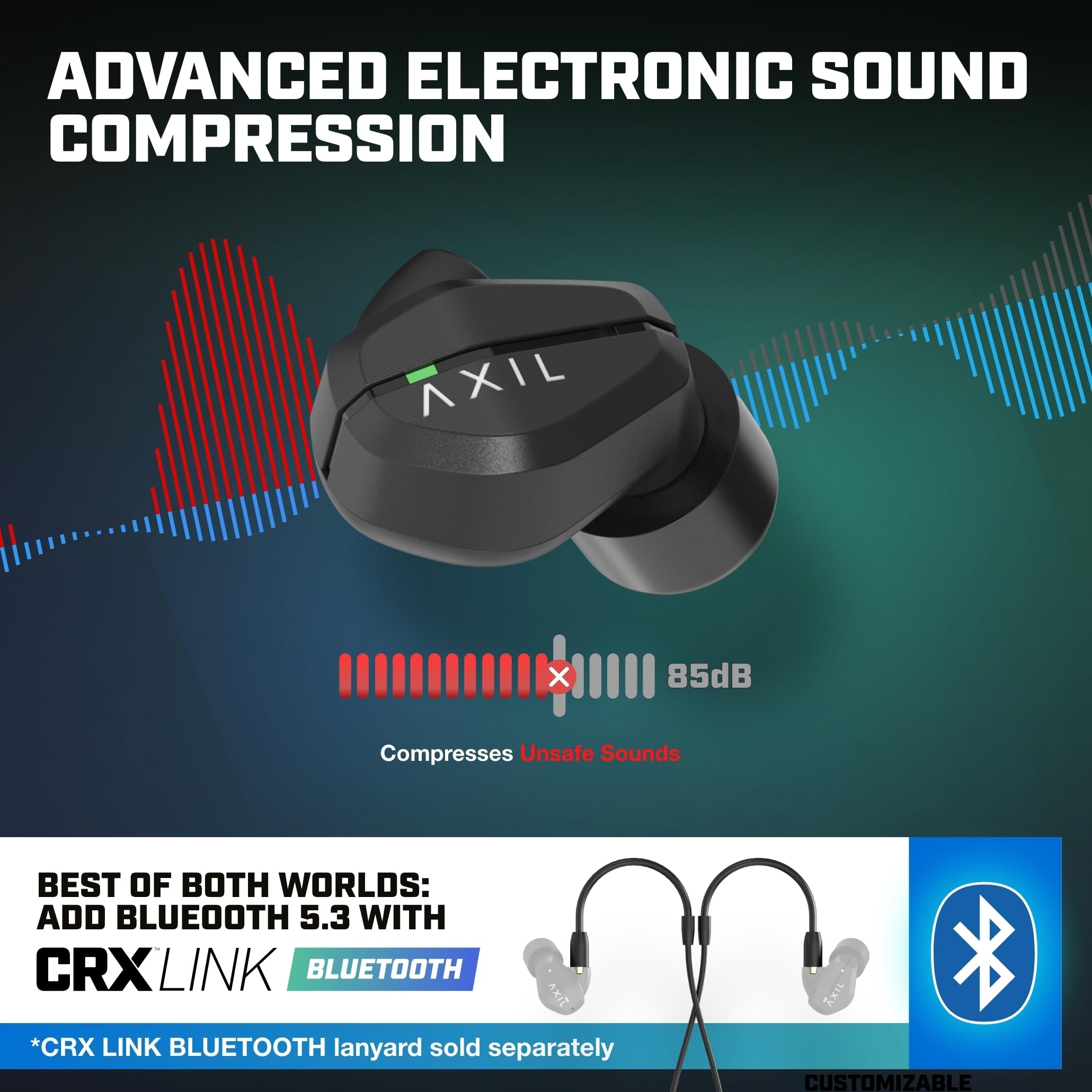 AXIL CRX - Audífonos electrónicos Bluetooth con protección auditiva, hasta 6 veces más de mejora auditiva, protección IP65 resistente al agua, protección auditiva para disparo, cancelación de ruido