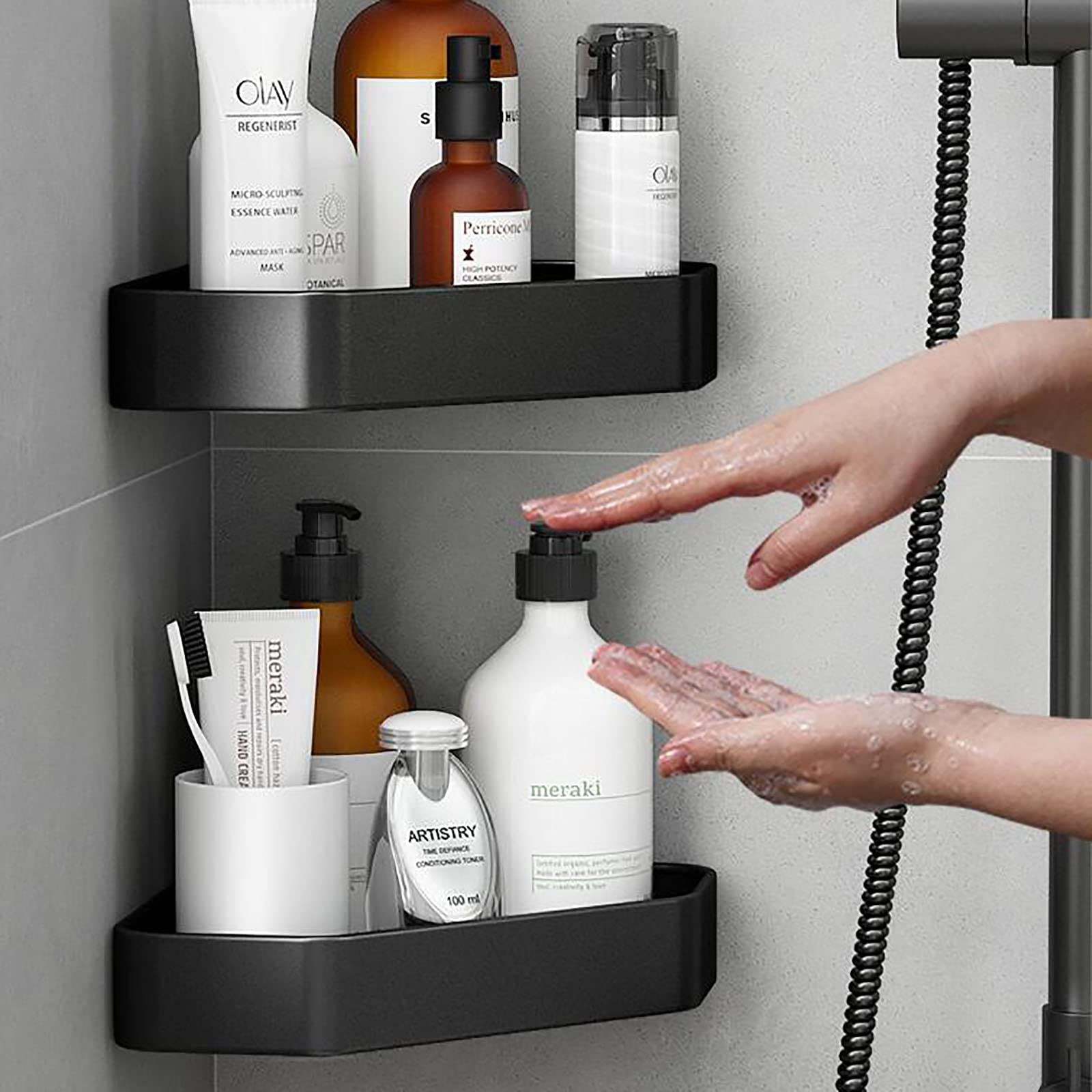 Exquisitos estantes de baño, organizador de ducha de esquina de baño, adhesivo montado en la pared, estantería de ducha de aluminio para cocina, baño, 1 unidad