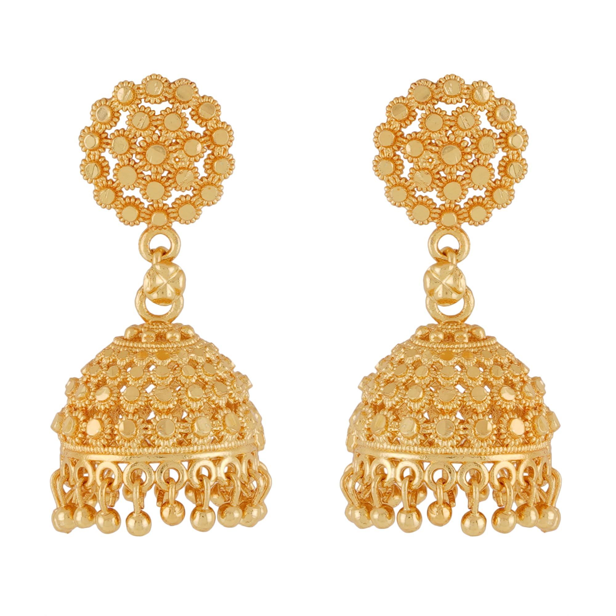 Shreyadzines Shreyadzines Traditional Temple Jewellery 18k One Gram Gold Ethnic South Indian Meenakari Ghungroo Peacock Jhumkas Jhumki Earrings Set For Women girls Latest GOLD JHUMKI