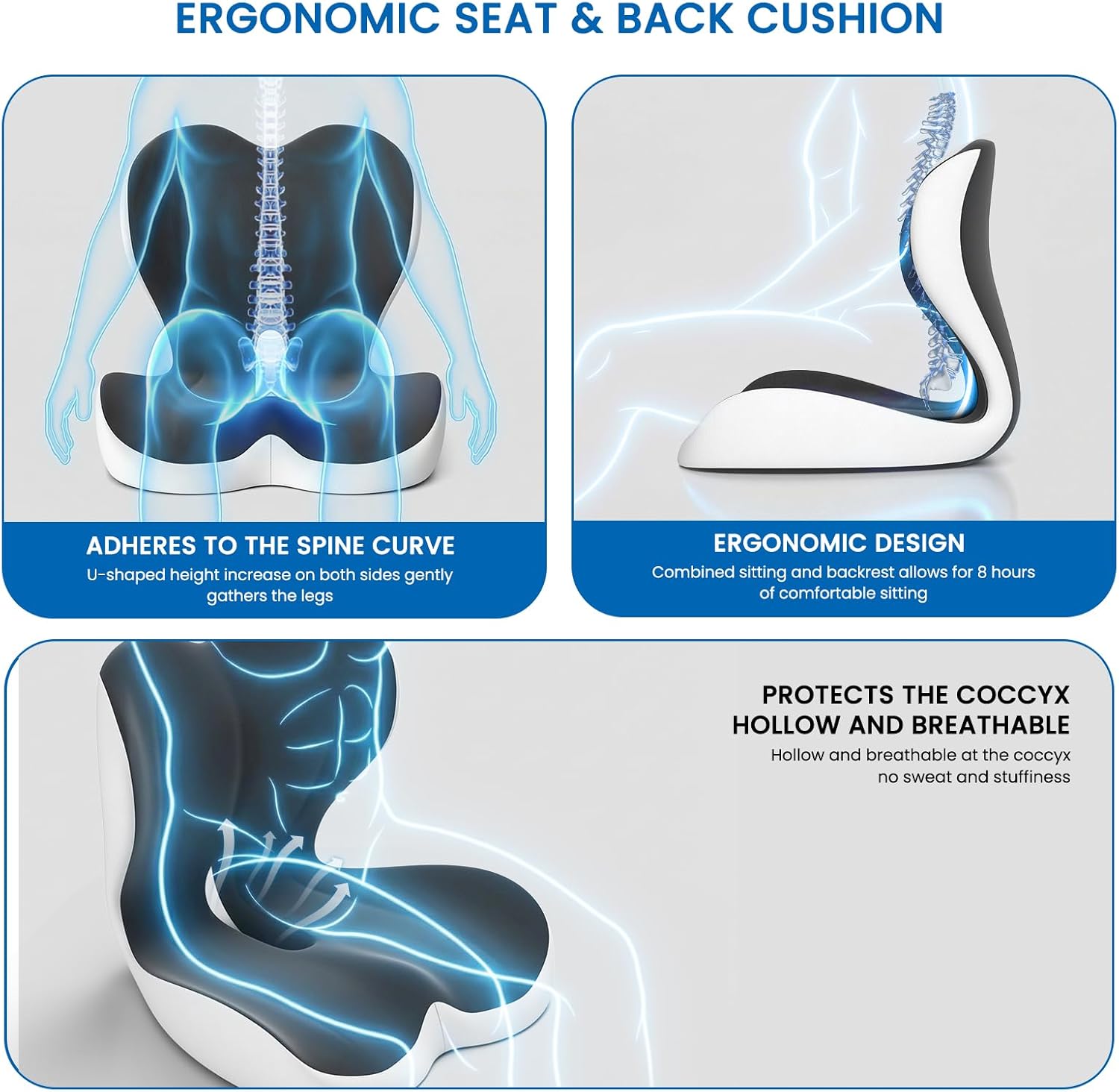 Seat Cushion, Memory Foam Car Seat Cushion with L-Shaped Ergonomic Design, Tailbone Pain & Sciatica Pain Relief Cushion for Office Chair, Car, Truck Drivers, Long Work Sessions and Wheelchair