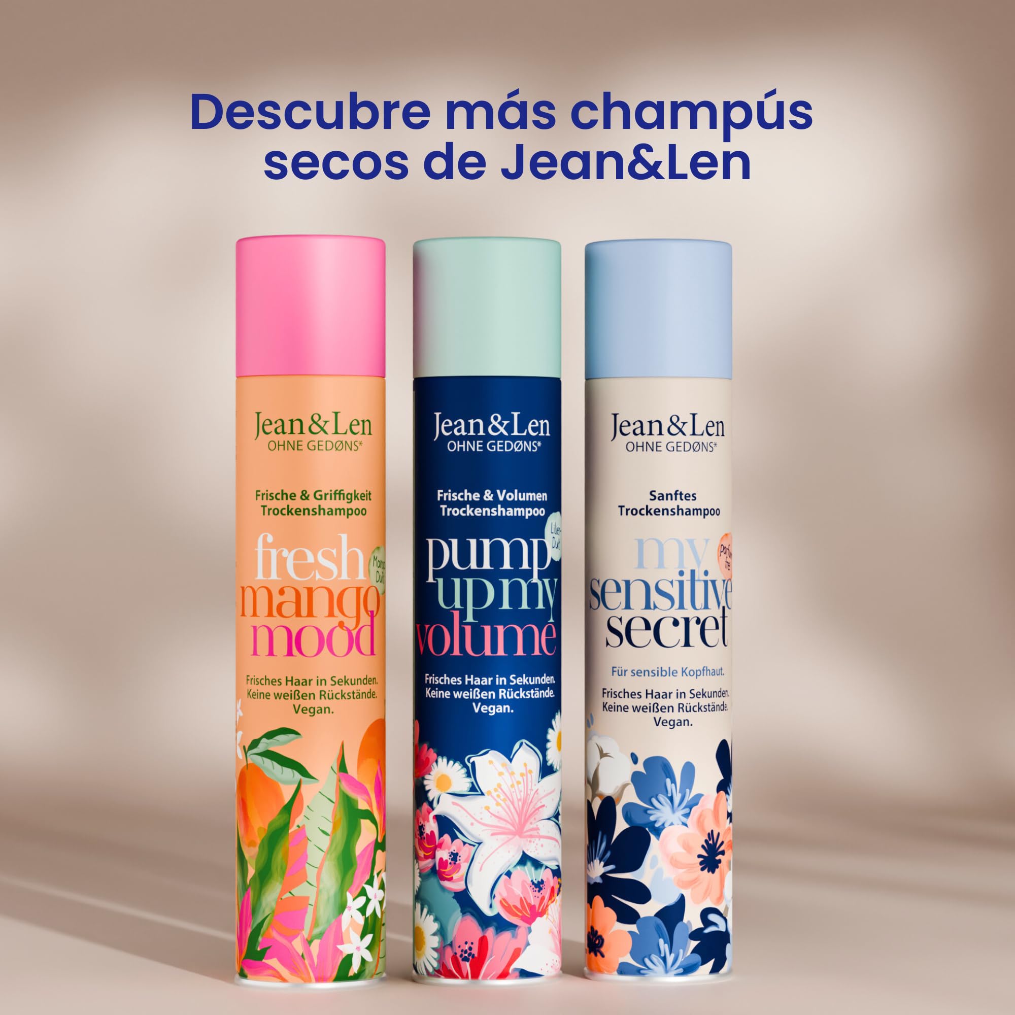 Jean & Len champú en seco frescor y volumen, sin raíces grasas, sin restos blancos, aroma floral y fresco a lirio, para cabello fino sin volumen, sin parabenos ni siliconas, vegano, 200 ml