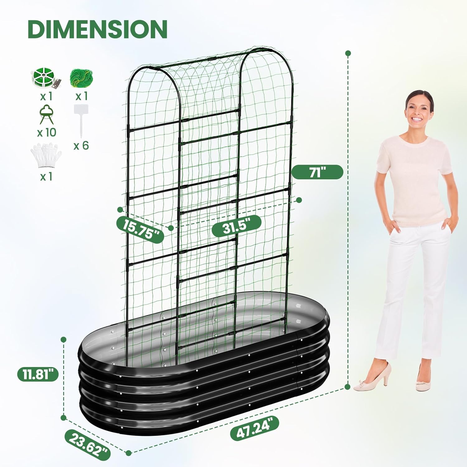 2 in 1 Galvanized Raised Garden Bed with 71" H Arch Trellis for Climbing Plants, Outdoor Gardening Planter Box with Climbing Net for Flowers Vegetables Fruits Herbs, Black